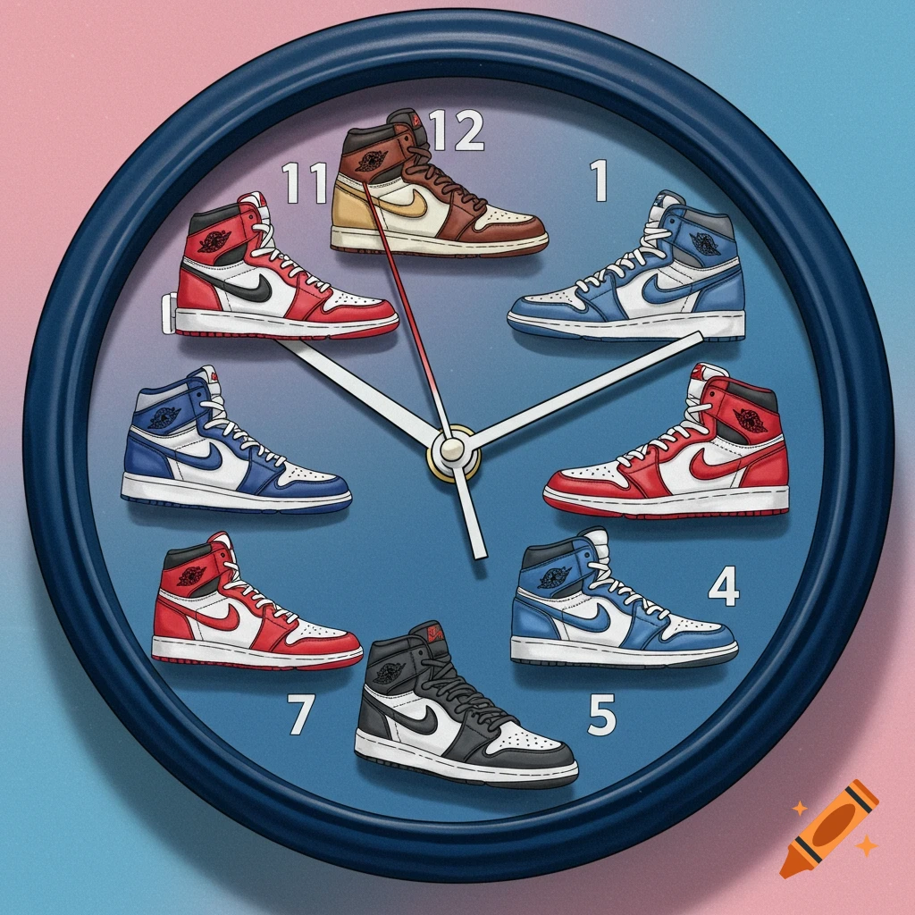 An illustration of a clock face where the numbers are replaced by various colorful Air Jordan sneakers.