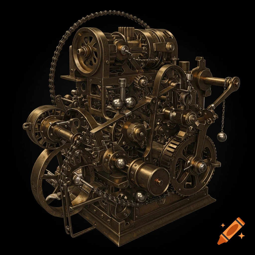 A detailed golden-bronze mechanical contraption with gears, chains, levers, and metal spheres, isolated on a black background.