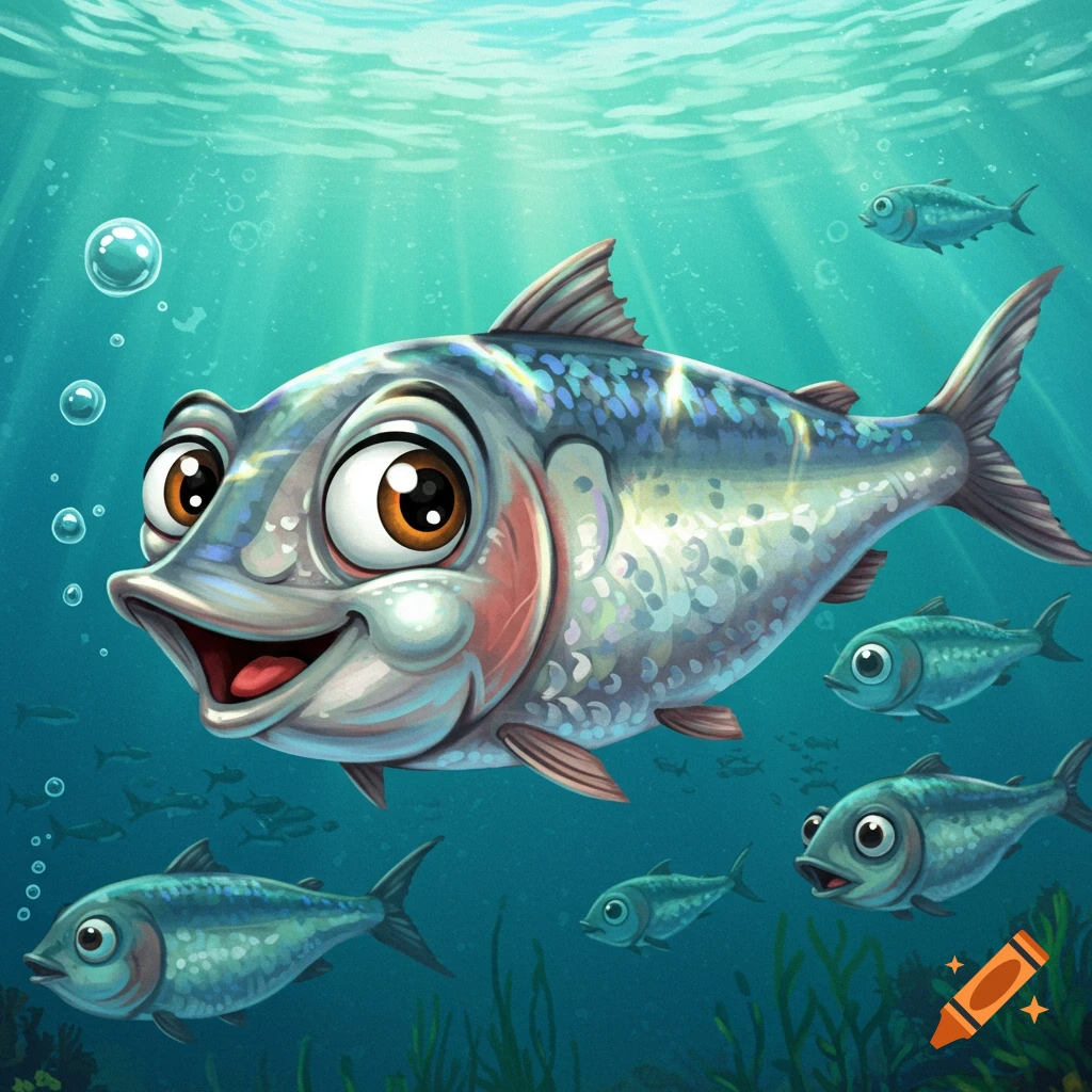 A large, smiling cartoon sardine swims underwater with smaller fish and green plants, sunlight streaming from above.
