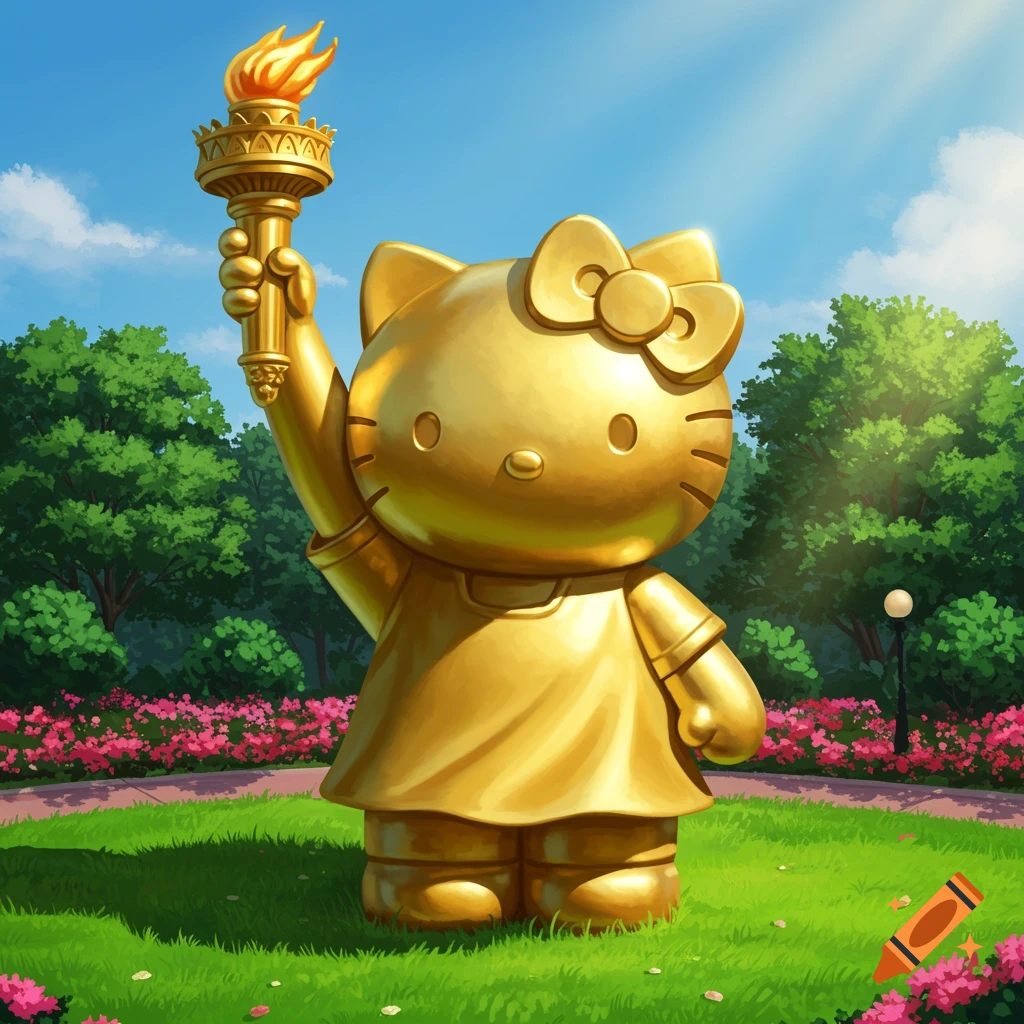 Golden Hello Kitty statue holding a torch in a sunny park with trees and pink flowers.