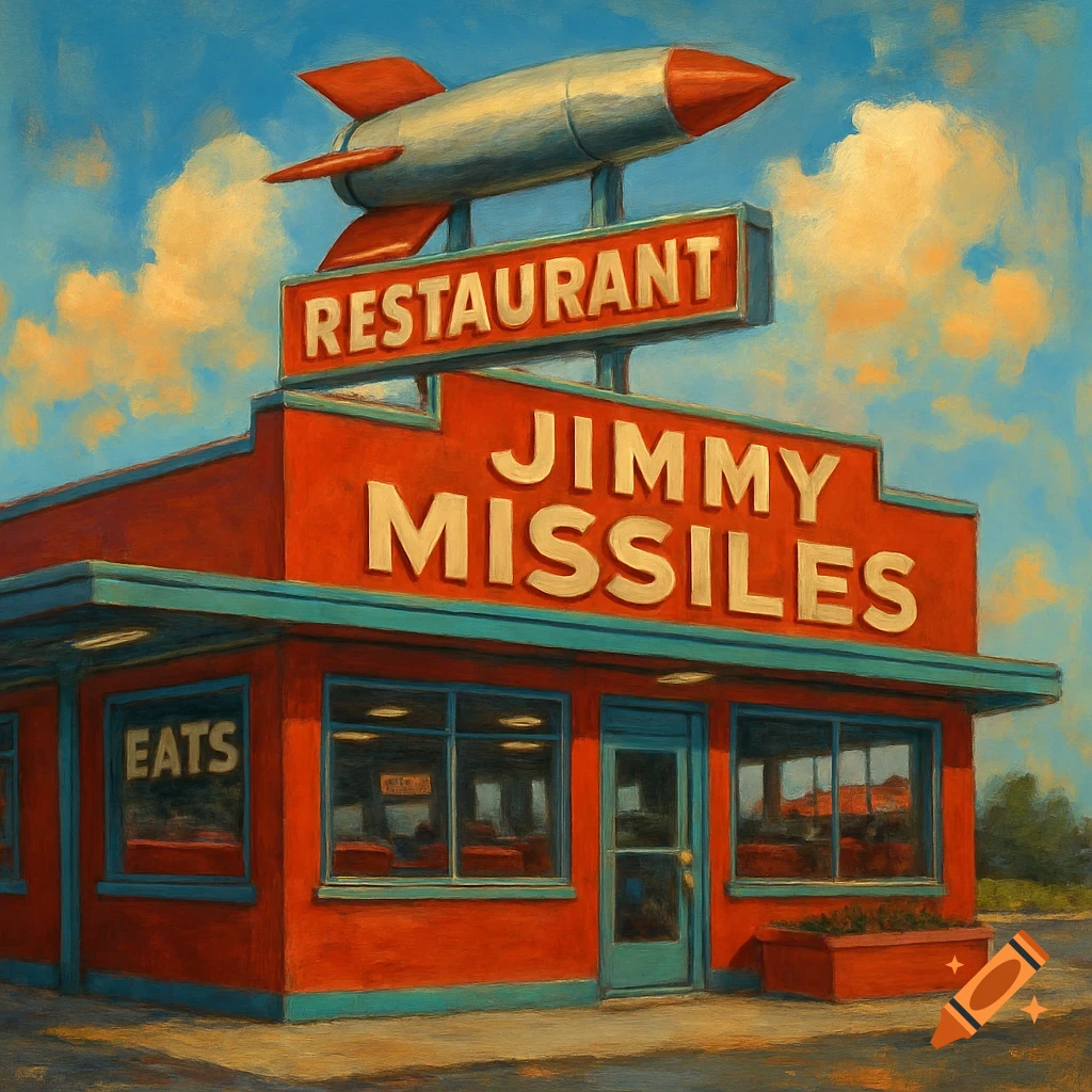 A vibrant, vintage-style red and teal diner named 'Jimmy Missiles' with a large rocket on its roof, painted in a whimsical style.