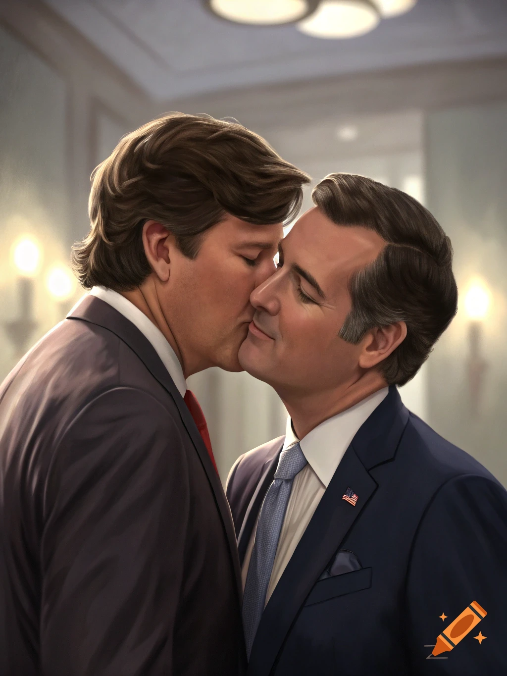 Illustration of Tucker Carlson kissing Ted Cruz, both men in suits, in a softly lit setting.