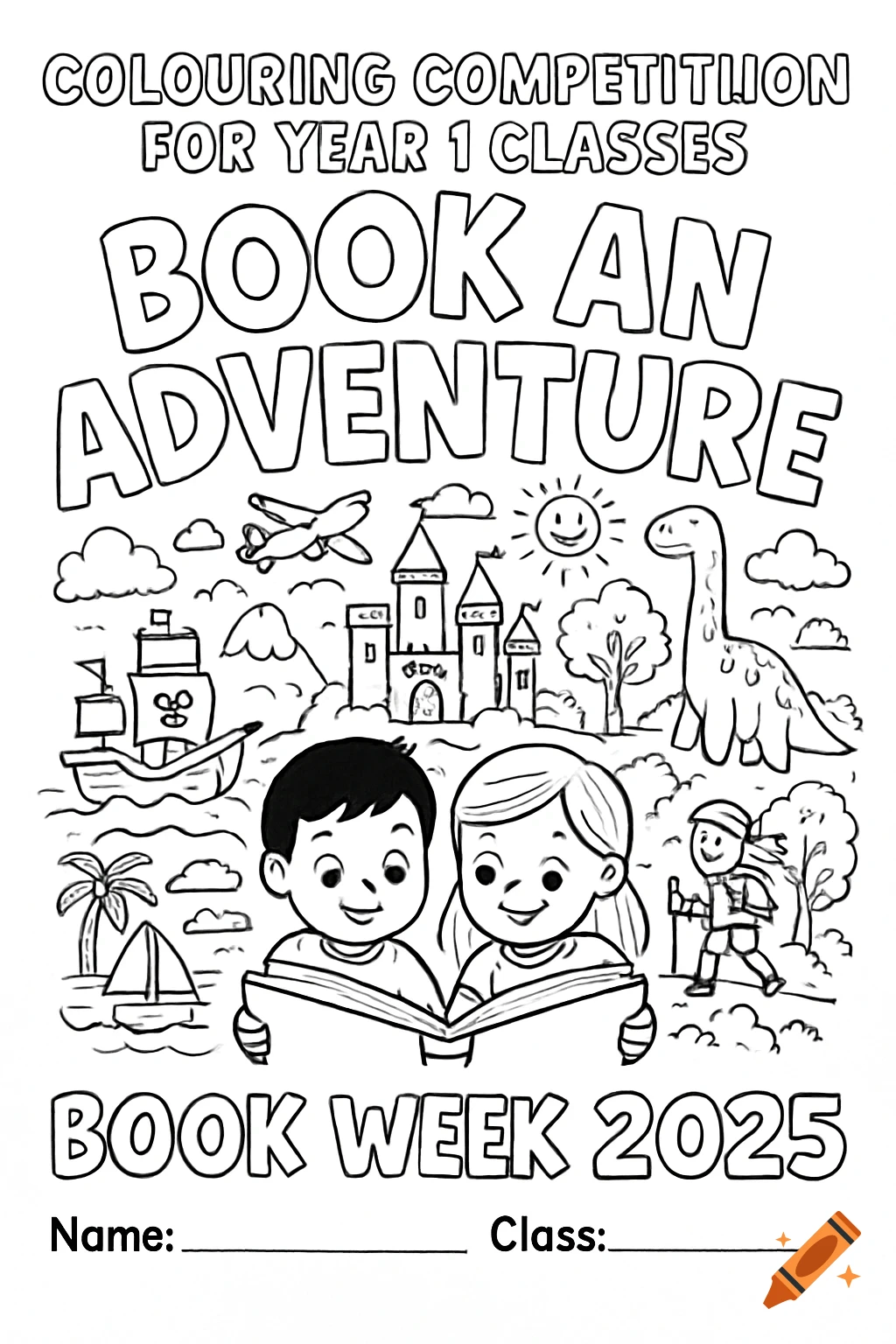 Black-and-white coloring poster for 'Book an Adventure', showing two children reading a book with emerging adventure scenes like a castle, ship, and dinosaur.