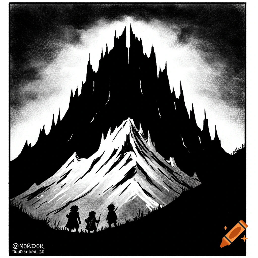 A black and white illustration shows three small figures silhouetted against a large, jagged, dark mountain resembling a castle, under a stormy sky.