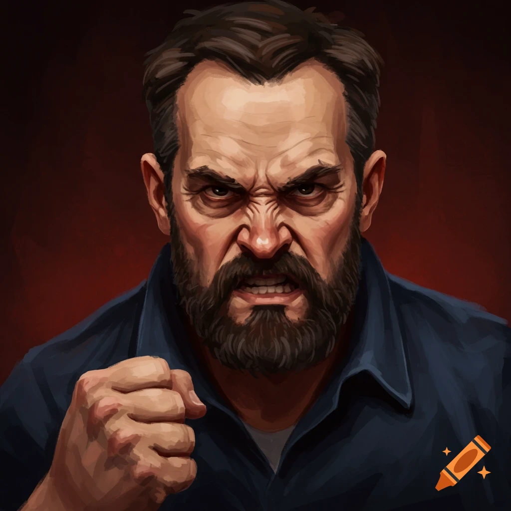 A close-up, stylized portrait of an angry bearded man with furrowed brows and bared teeth, clenching his fist.