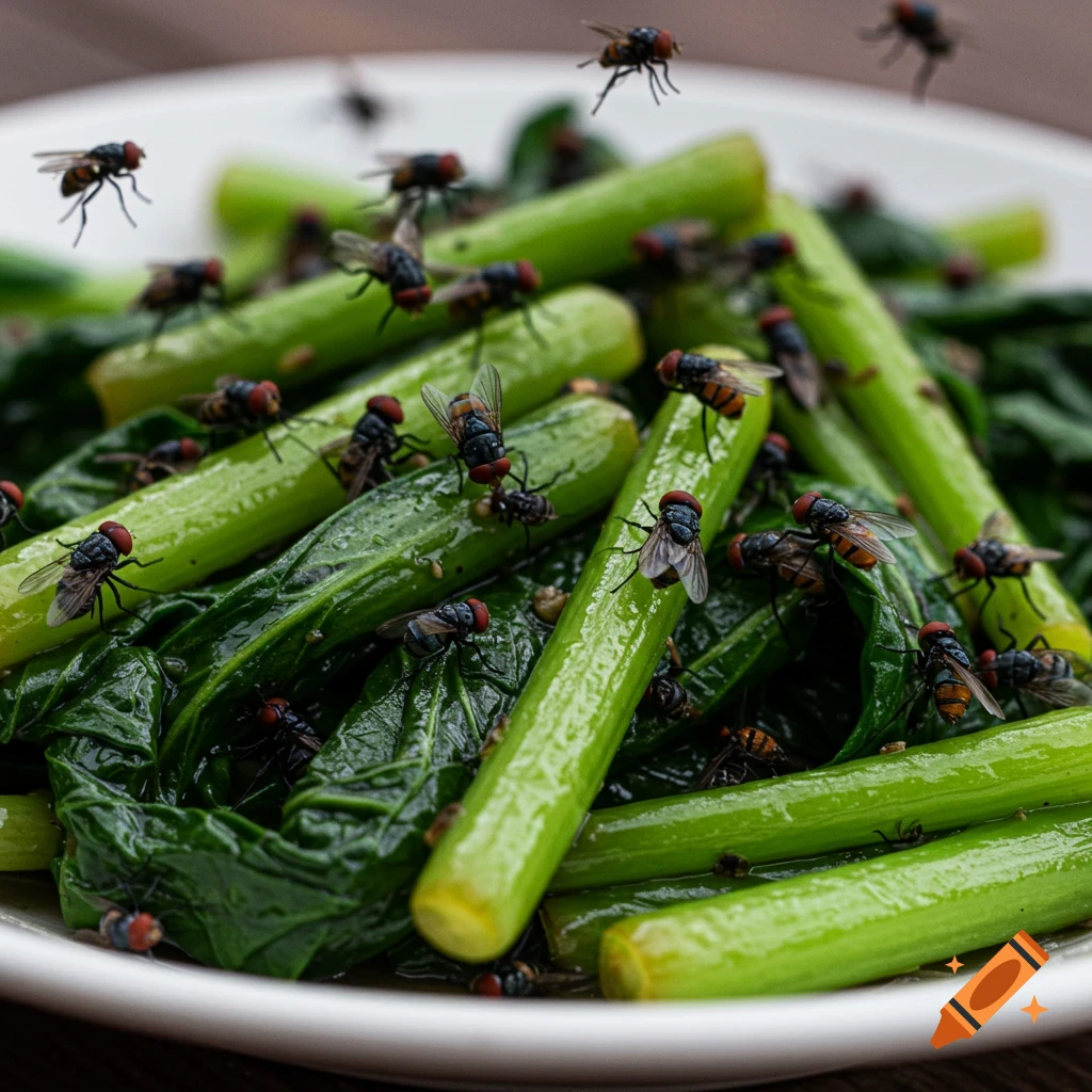 A photorealistic close-up of stir-fried green vegetables covered with many flies on a white plate, showing glossy texture.