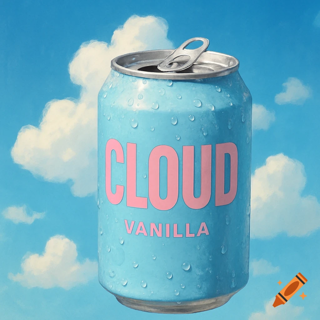A photorealistic light blue soda can with pink 'CLOUD VANILLA' text and condensation, against a blue sky with white clouds.