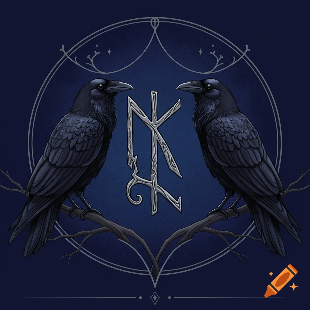 A dark blue illustration featuring two black ravens perched on branches, facing a stylized silver Ansuz rune or sigil in the center. Elegant, mystical design.