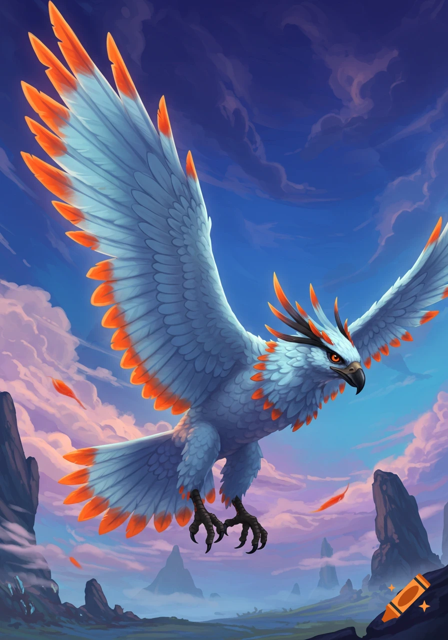 Stylized illustration of a large light blue eagle-like bird with orange feathers flying in a vibrant blue sky over mountains.