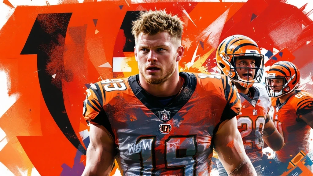 Digital illustration of three football players in orange and black Cincinnati Bengals uniforms against an abstract orange and black background. The main player in front wears number 19.