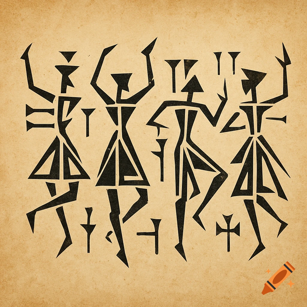 Four abstract, geometric figures in black on a textured beige background, resembling ancient cuneiform symbols or stylized dancers.