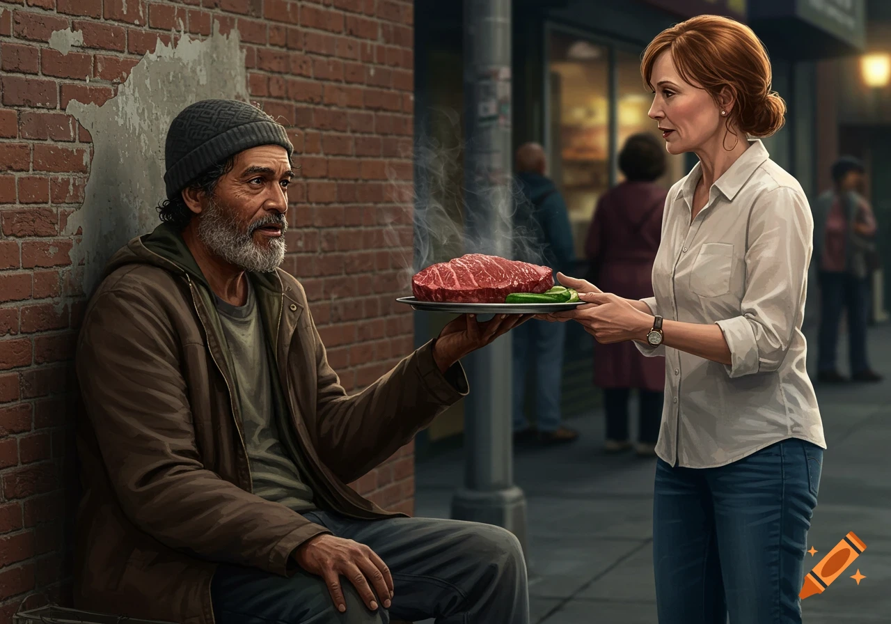 A woman hands a steaming plate with a large steak and green vegetables to a homeless man sitting against a brick wall on a city street.