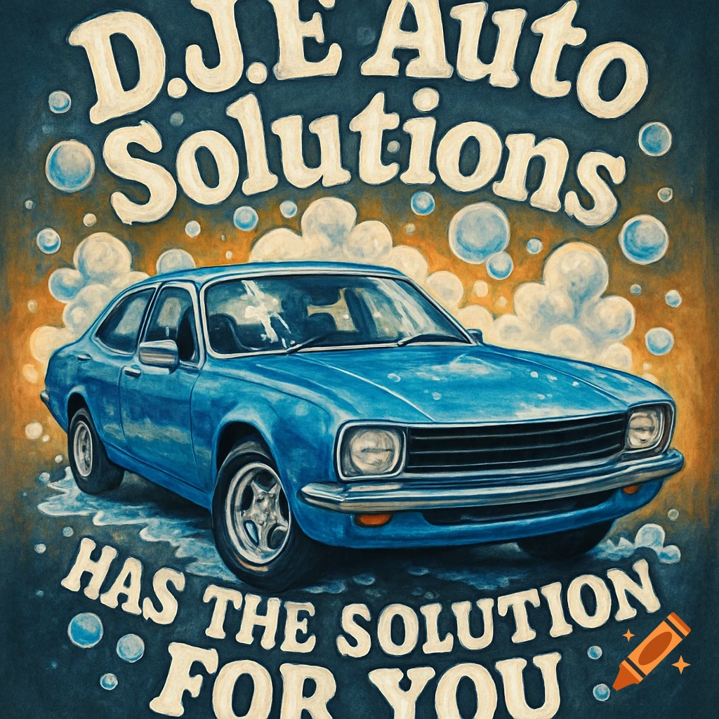 A vintage blue car is depicted in a stylized illustration with white bubbles and text reading "D.J.E Auto Solutions HAS THE SOLUTION FOR YOU".