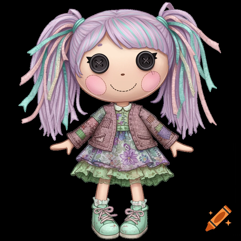 A Lalaloopsy-style rag doll with lavender pigtails, button eyes, a patchwork cardigan, and a floral dress.