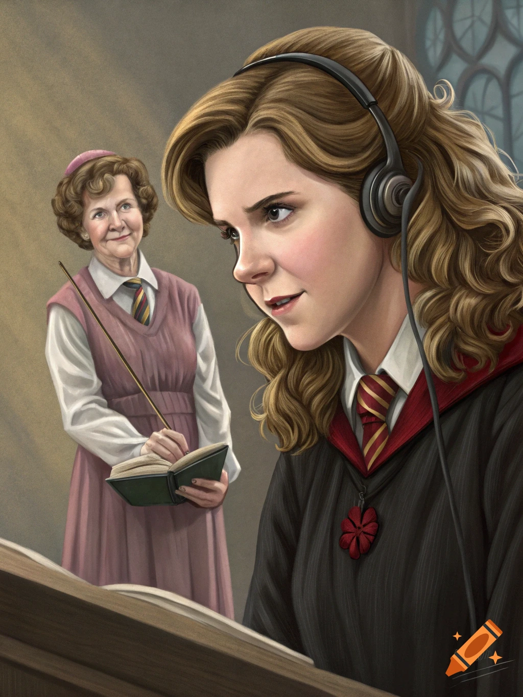 A digital painting of Hermione Granger with headphones looking down, with Dolores Umbridge standing behind her holding a book and a stick.