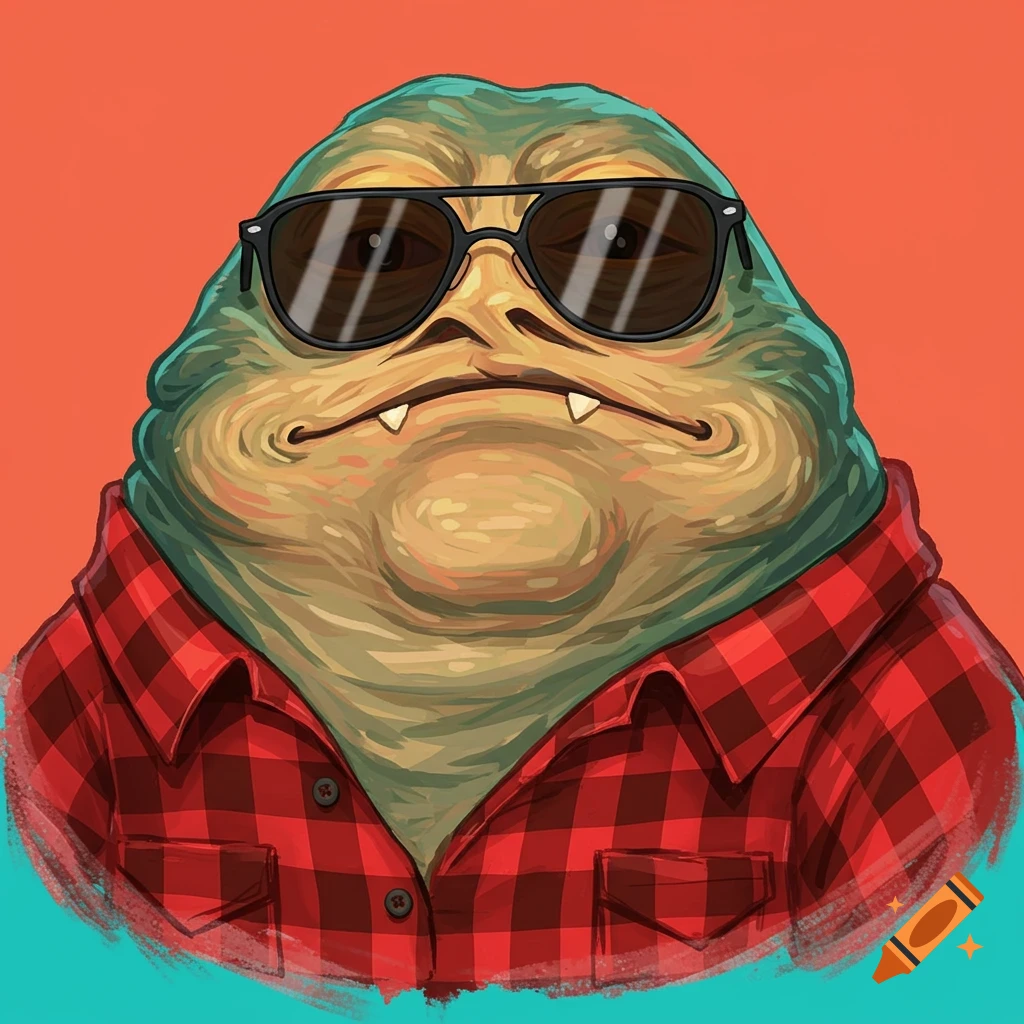 Jabba the Hutt wearing sunglasses and a red plaid flannel shirt with an orange and teal background.