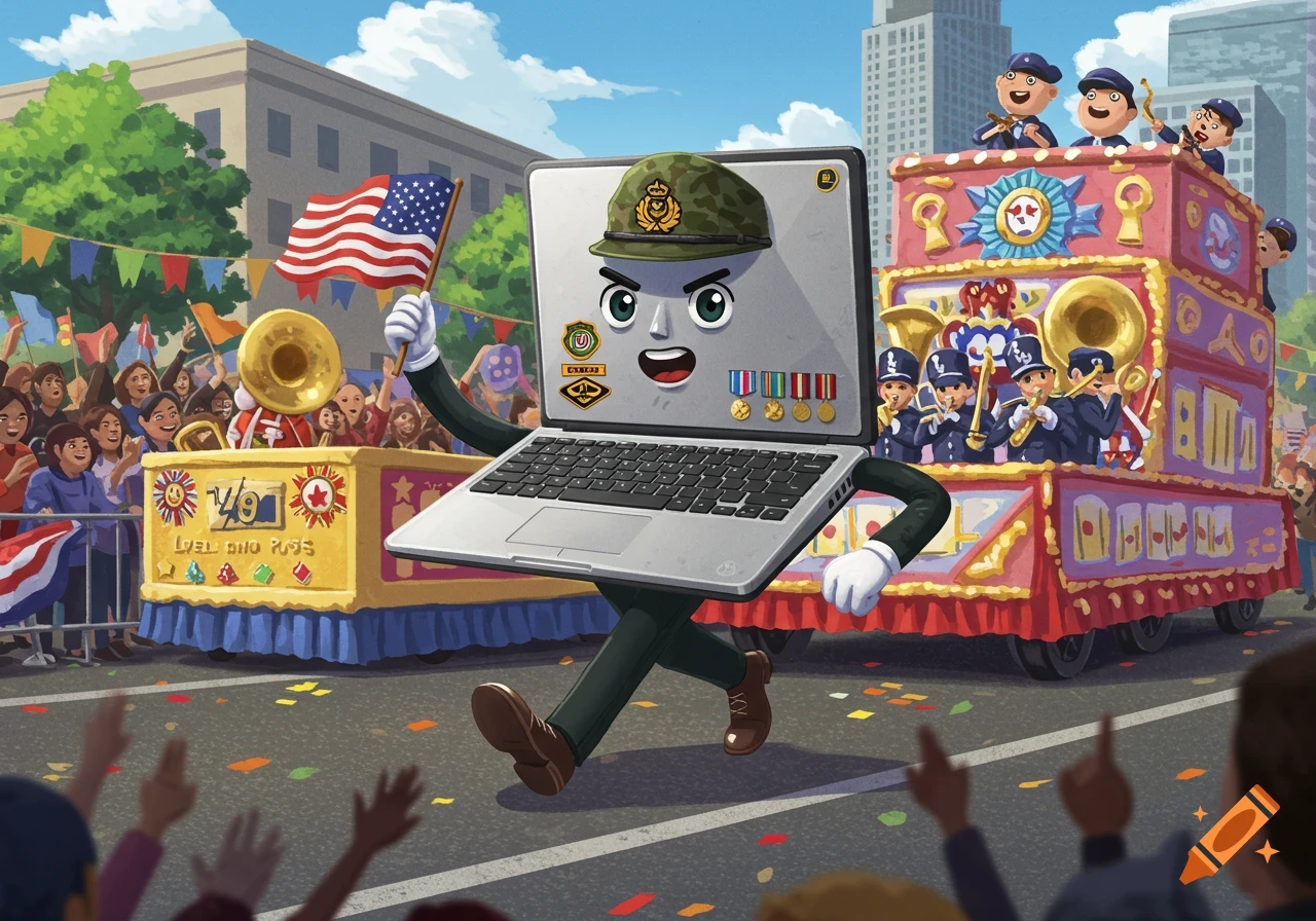 A cartoon silver laptop with a military hat and medals marches in a parade, waving an American flag. Behind it are other floats with cartoon people and musicians. Confetti is on the street.