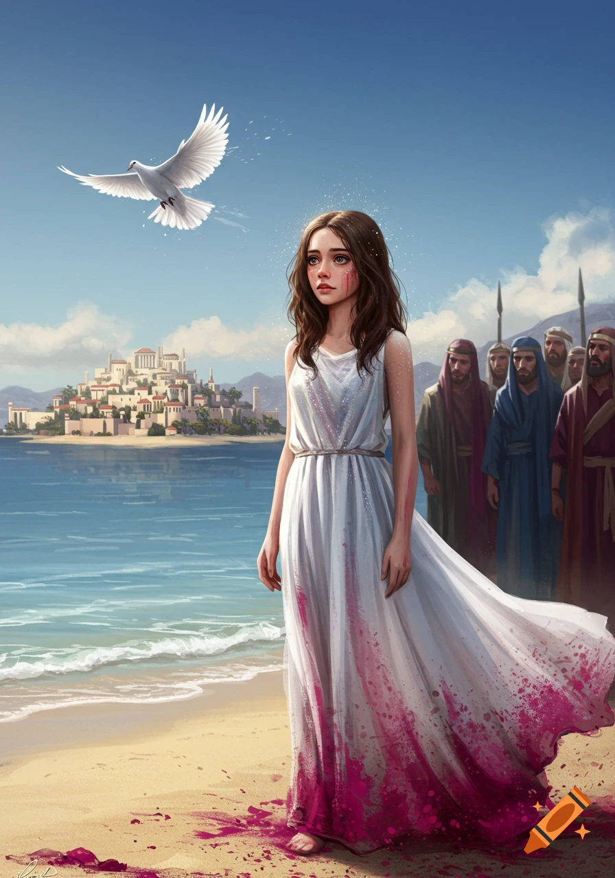 A distressed young woman in a stained white Grecian-style dress stands on a beach, looking at a white dove flying overhead, with an ancient city and an angry crowd in the background.