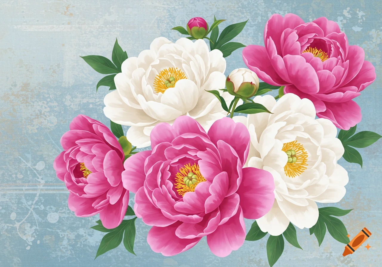 An illustration of a bouquet of pink and white peonies with green leaves on a textured light blue background.