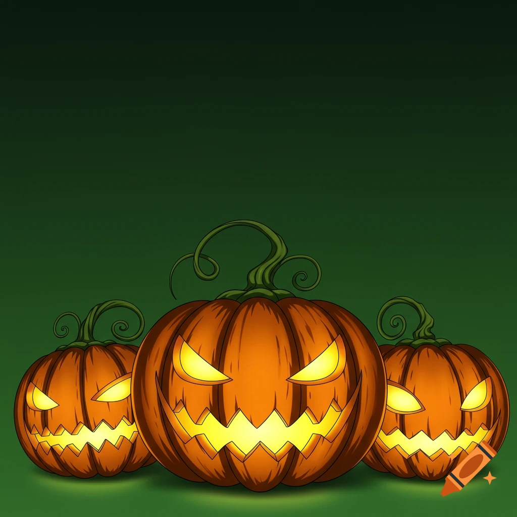 Three spooky anime jack-o'-lanterns with glowing yellow faces and wicked smiles on a dark green background.