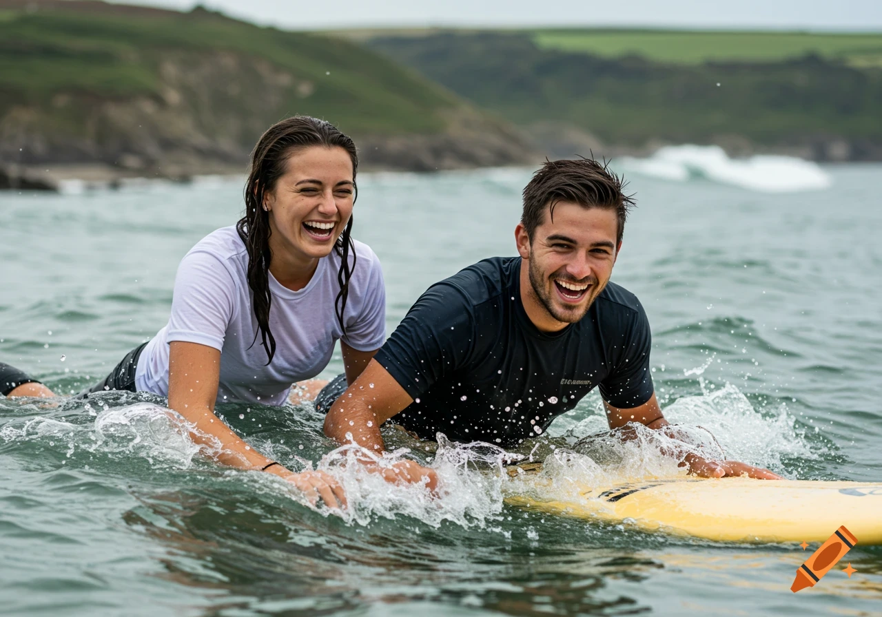 A happy couple laughing and paddling on a surfboard in the ocean with green hills in the background.