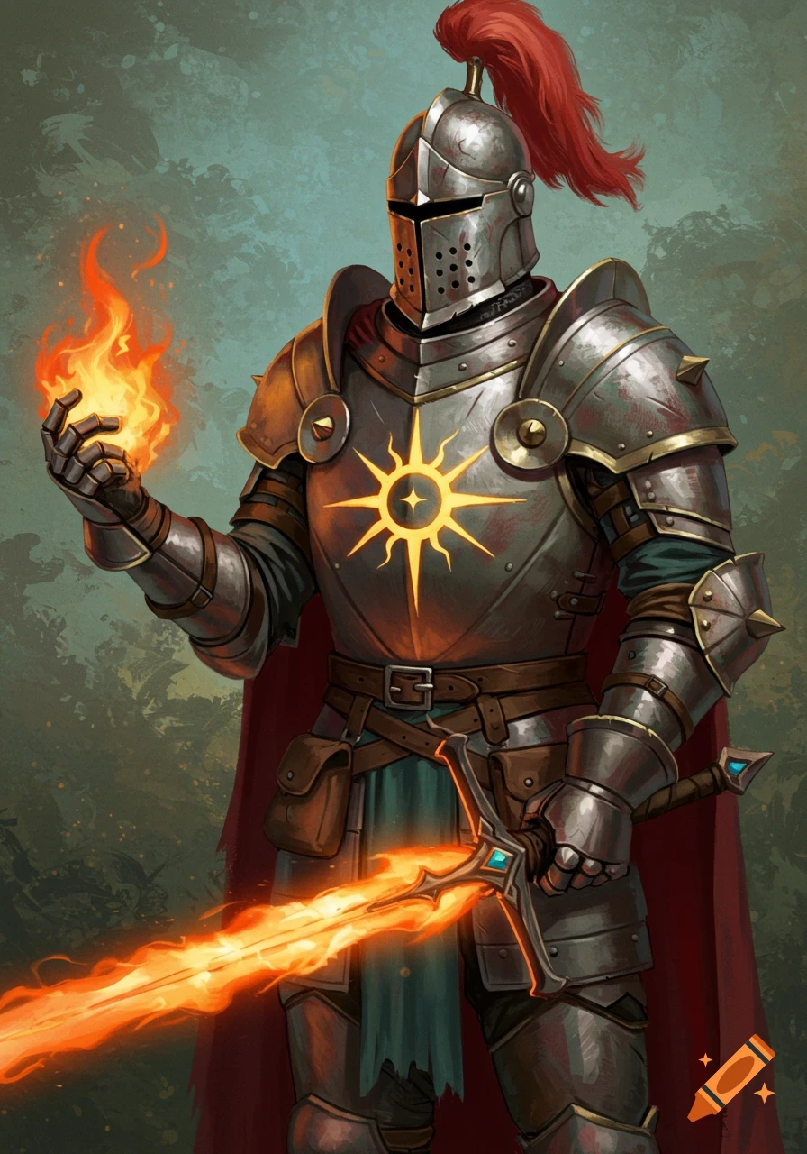 A fantasy knight in armor with a red helmet plume and sun sigil, holding fire and a flaming sword.