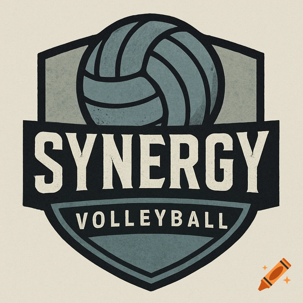 Logo for 'Synergy Volleyball' team, featuring a stylized volleyball in muted blue, black, and off-white.