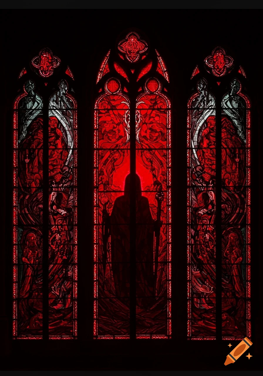 Ominous red stained glass window with a shadowy hooded figure in the center.