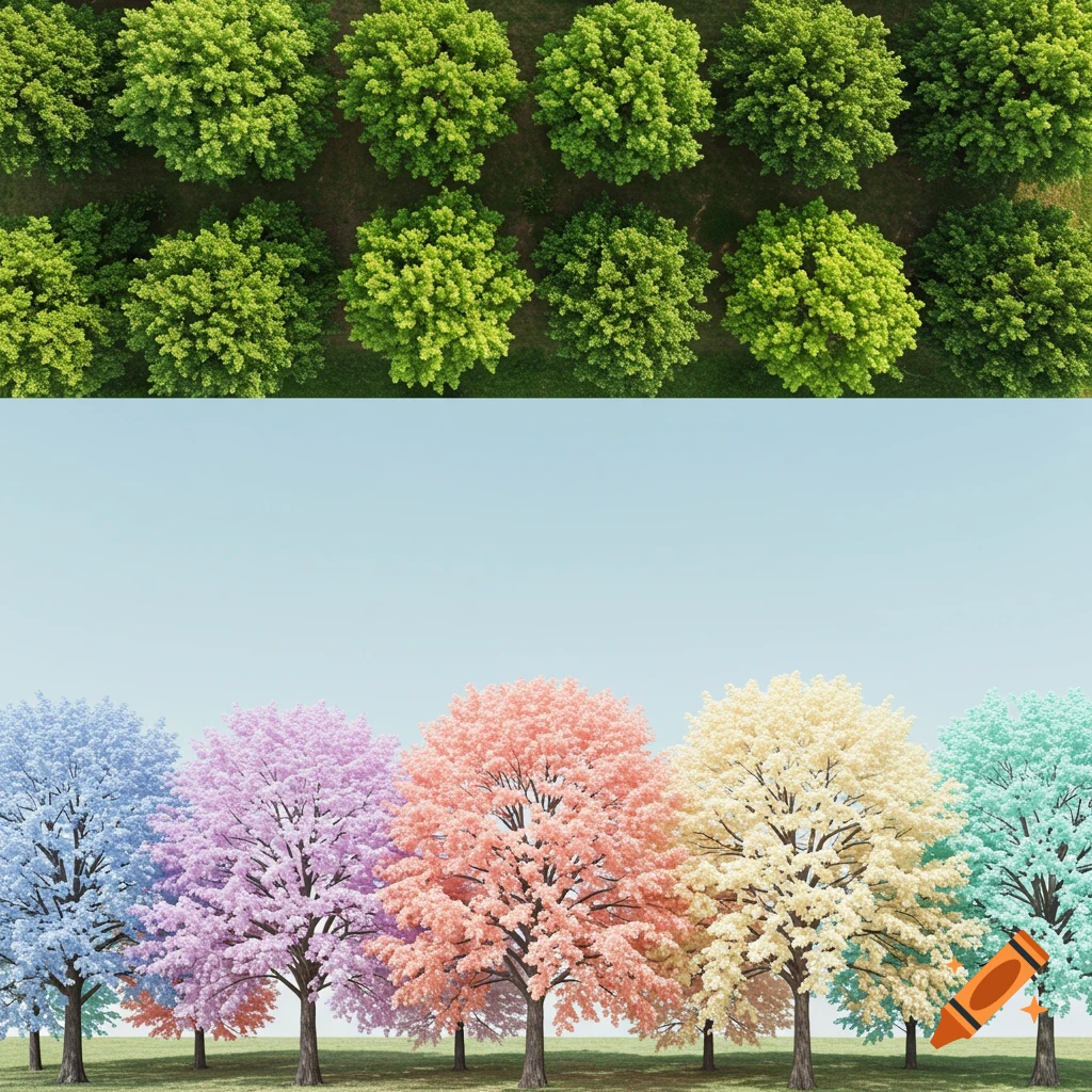 A vertically split image showing an aerial view of green trees above and a ground view of pastel-colored trees below, aligned as if they are the same trees.