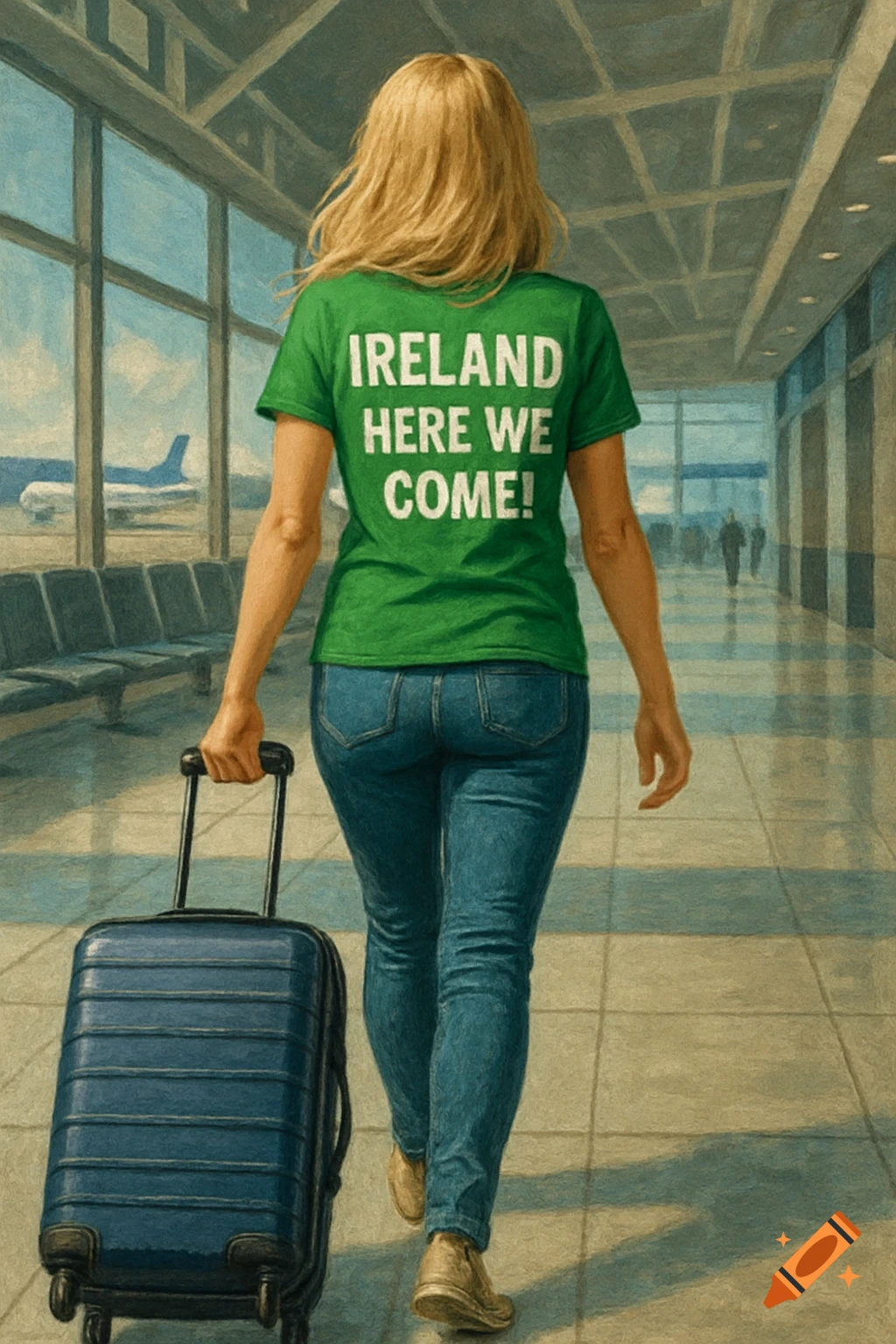 A blonde woman in a green 'Ireland Here We Come!' t-shirt pulls luggage through an airport terminal.
