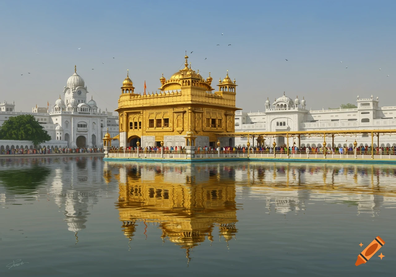 The Golden Temple, a large gilded structure, reflects in the tranquil water, with white architectural buildings and people in the background under a clear sky.