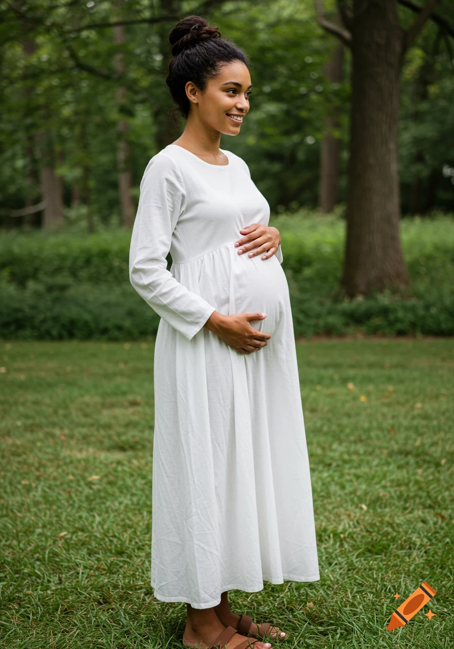 A smiling pregnant woman in a white dress stands outdoors, holding her ...