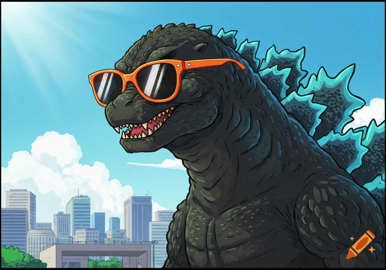 A cartoon Godzilla wearing orange sunglasses looks over a city skyline against a bright blue sky.