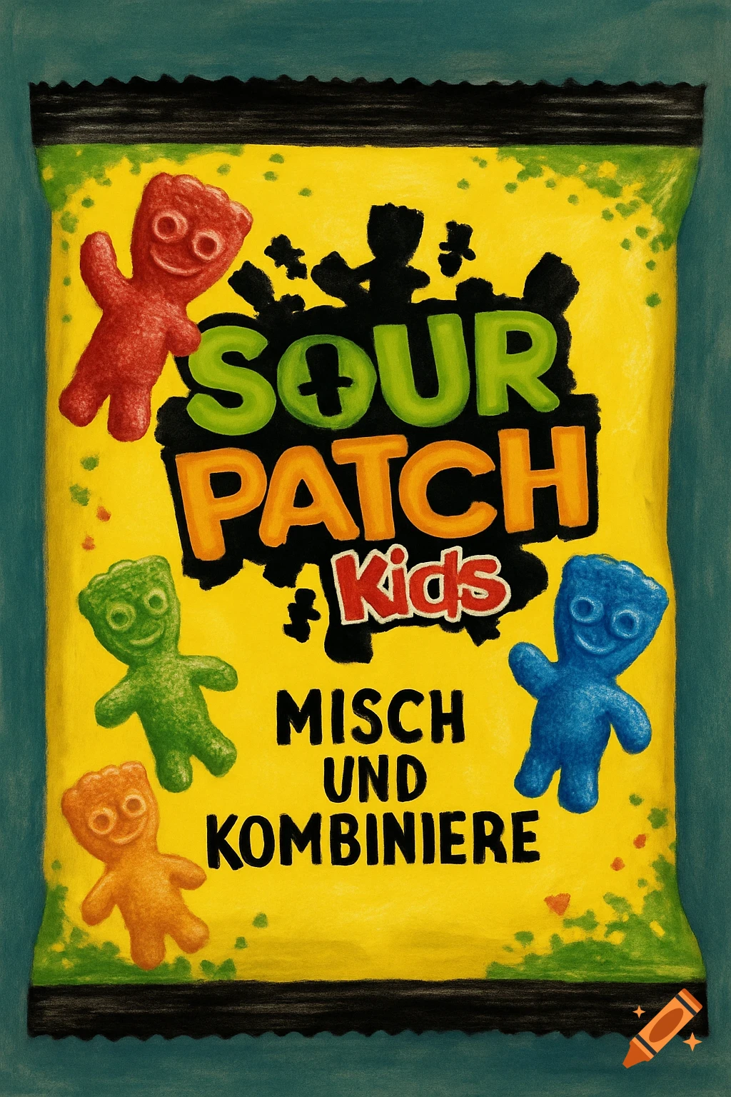 An illustrated Sour Patch Kids candy bag with colorful characters and the text 'SOUR PATCH Kids' and 'MISCH UND KOMBINIERE'.