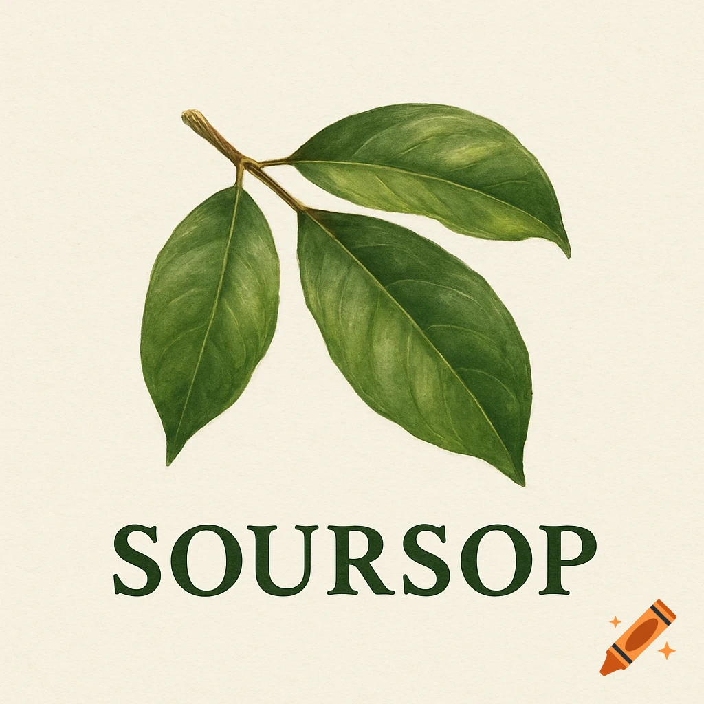 A botanical illustration of three green soursop leaves with the word 'SOURSOP' underneath in a logo style.
