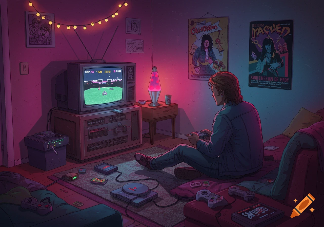 An illustration of a person playing a video game on an old TV in a retro 1980s-style room with a lava lamp and posters.