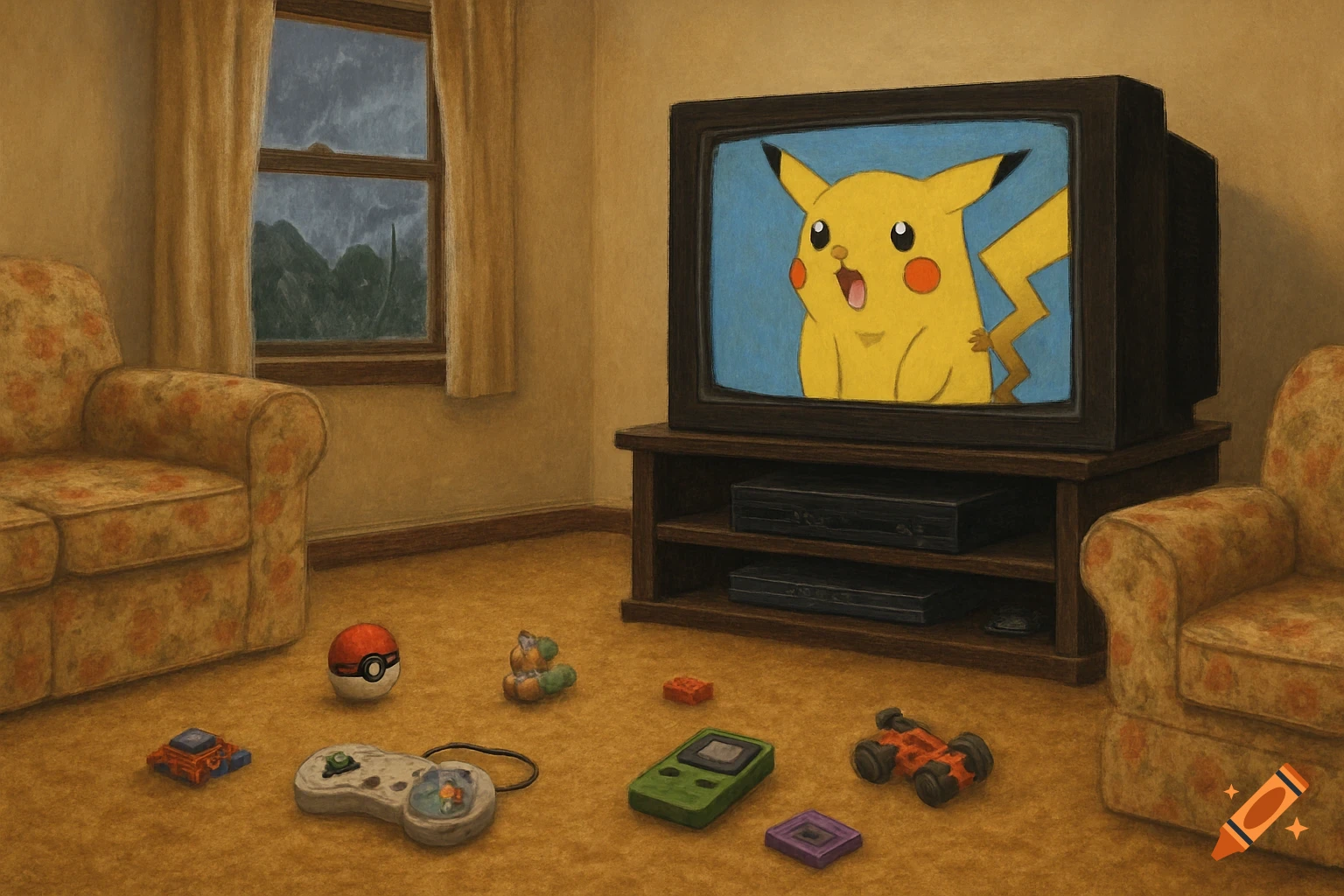 A cozy 90s living room with a TV showing Pikachu, a Game Boy, Poke Ball, and other toys on a tan rug, with patterned couches.