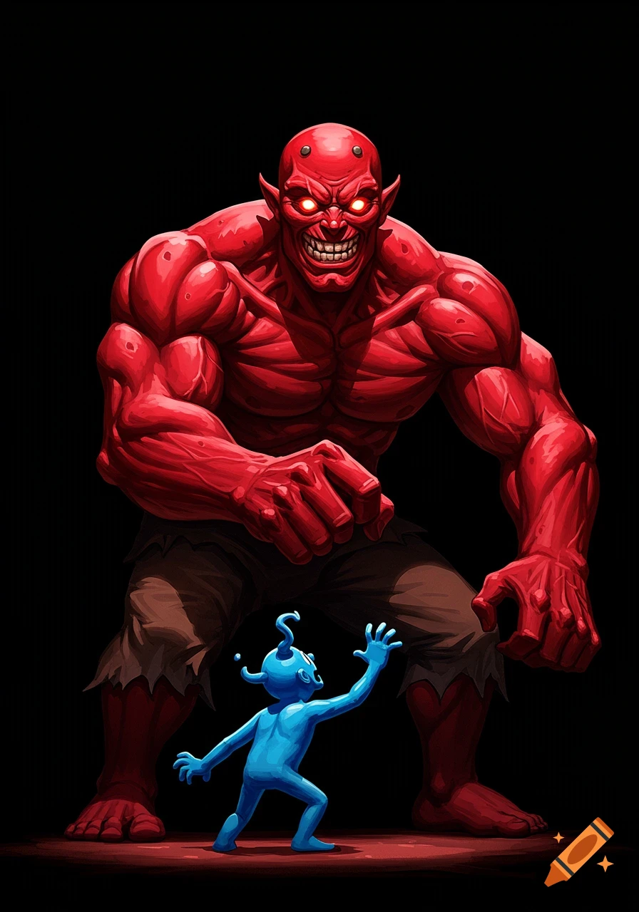 A menacing red monster with glowing eyes glares at a small blue creature with a curled antenna, depicted in a dramatic, stylized illustration.
