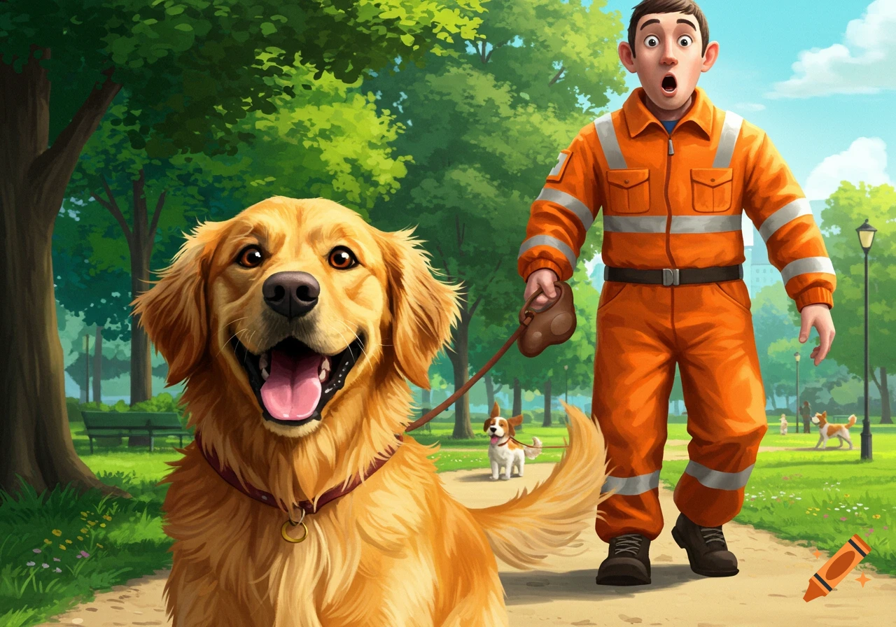A happy golden retriever walks with a surprised man in an orange utility suit through a park. Illustrated style.