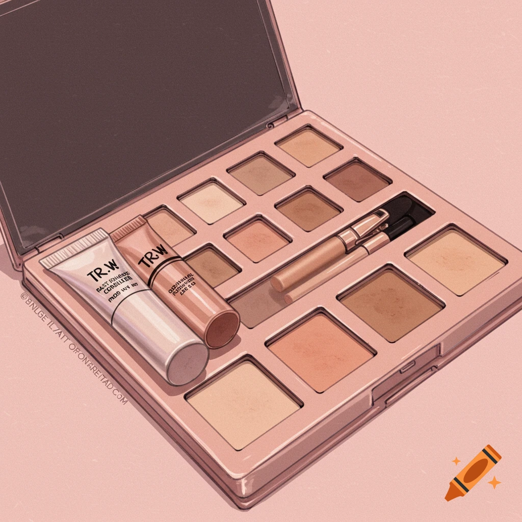 A pastel illustration of an open pink makeup palette with various shades of foundation, bronzer, concealer, two tubes, and a makeup brush.