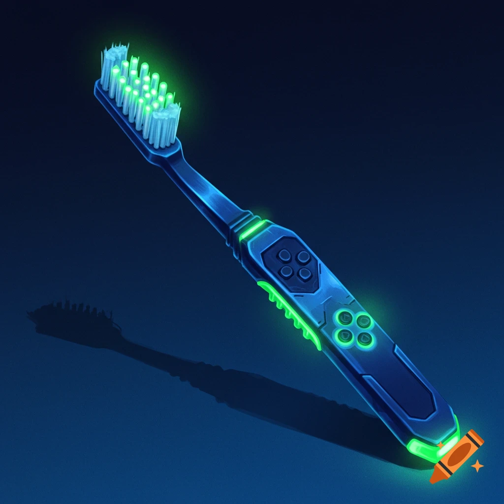 A futuristic, dark blue toothbrush with glowing green accents and gaming controller-like buttons, casting a shadow on a dark surface.
