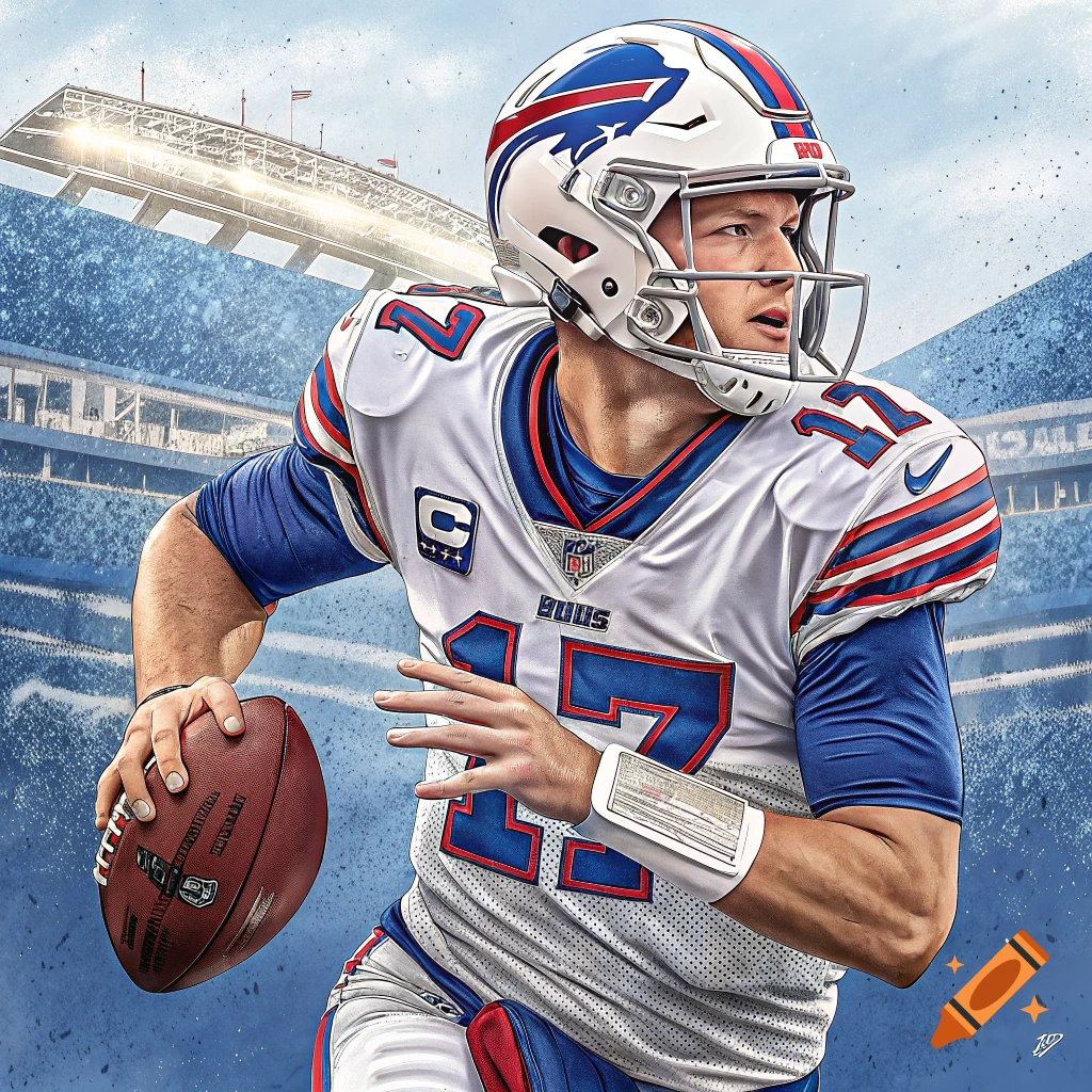 A photorealistic depiction of American football player Josh Allen in a white Buffalo Bills jersey, holding a football and running on a field with a stadium in the background.