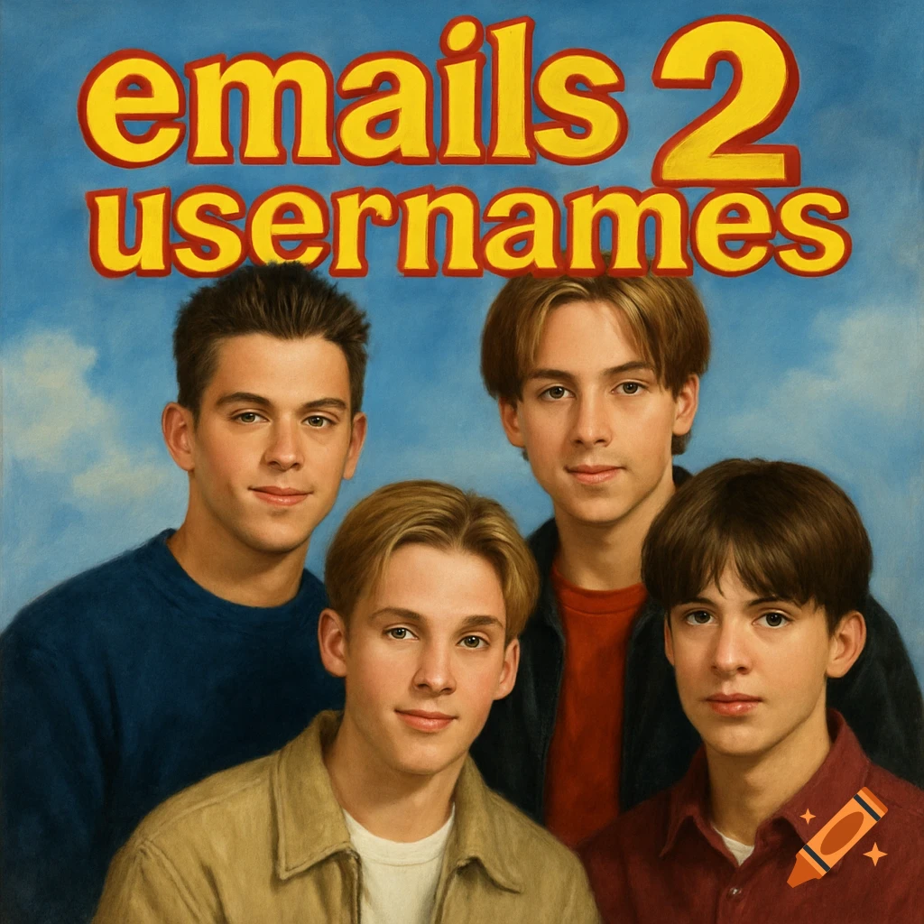 Four young men resembling a 90s boy band pose under the title 'emails 2 usernames' on an album cover.