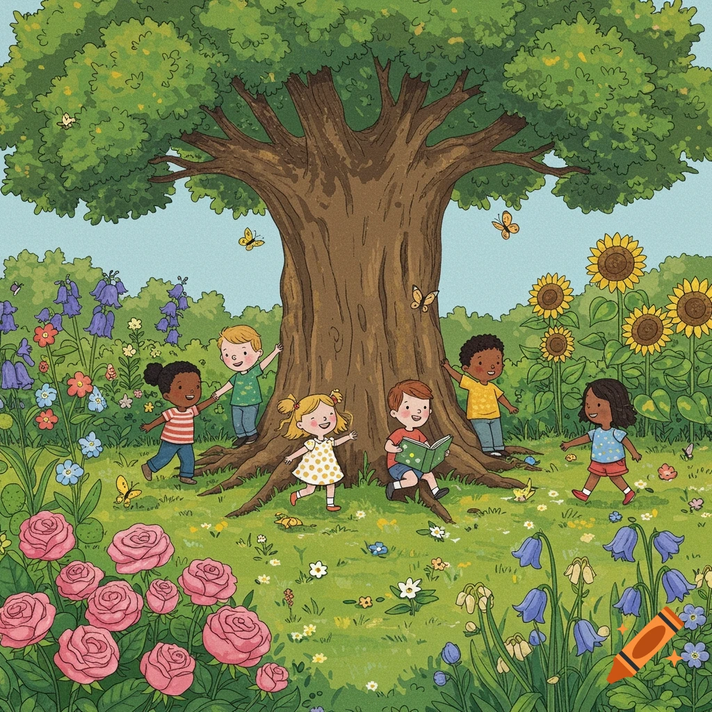 Diverse children play and read around a large tree in a colorful garden filled with flowers, in an illustration style.