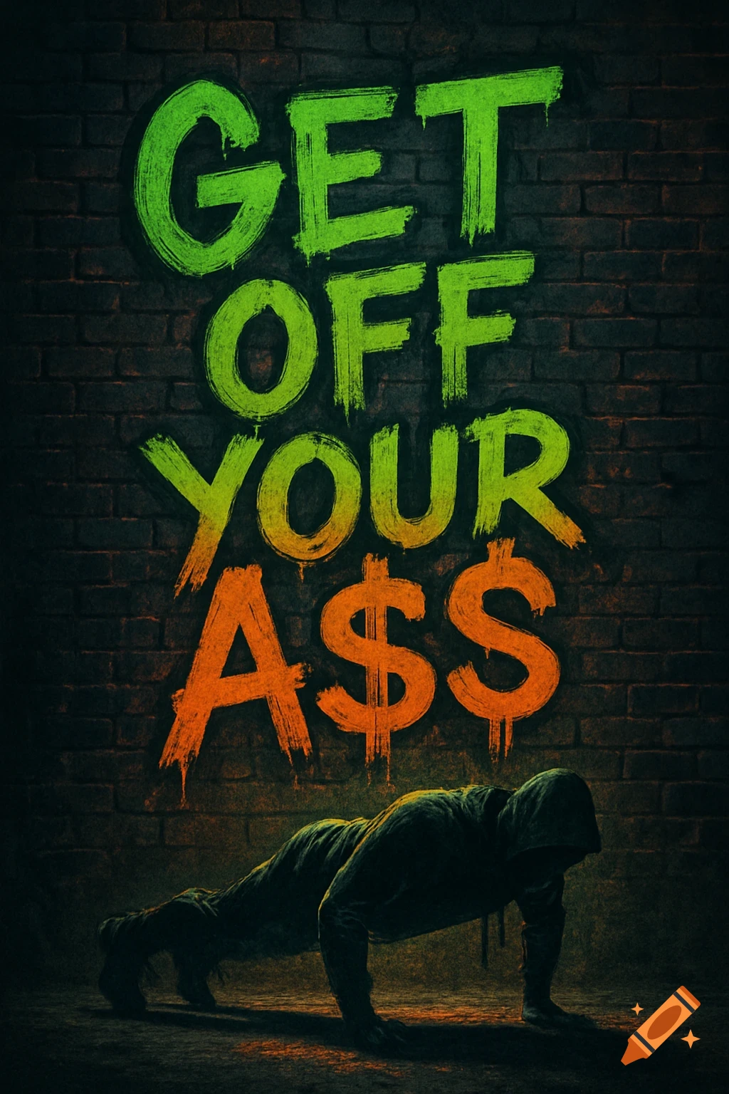Urban-style motivational poster with graffiti text 'GET OFF YOUR A$$' on a brick wall, above a shadowy figure doing push-ups.