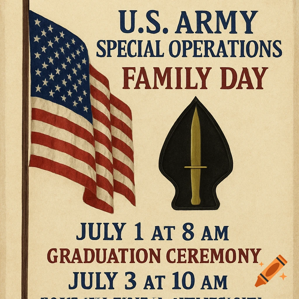 A vintage-style poster for a U.S. Army Special Operations Family Day and Graduation Ceremony, featuring an American flag and a spade-shaped emblem with a dagger, with dates and times.