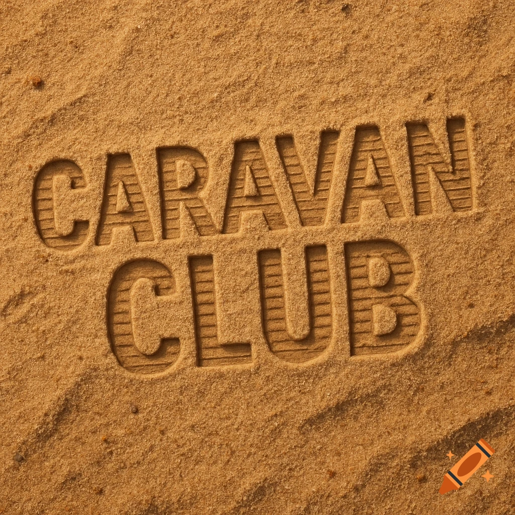 The words CARAVAN CLUB deeply imprinted in light brown sand, seen from directly above.