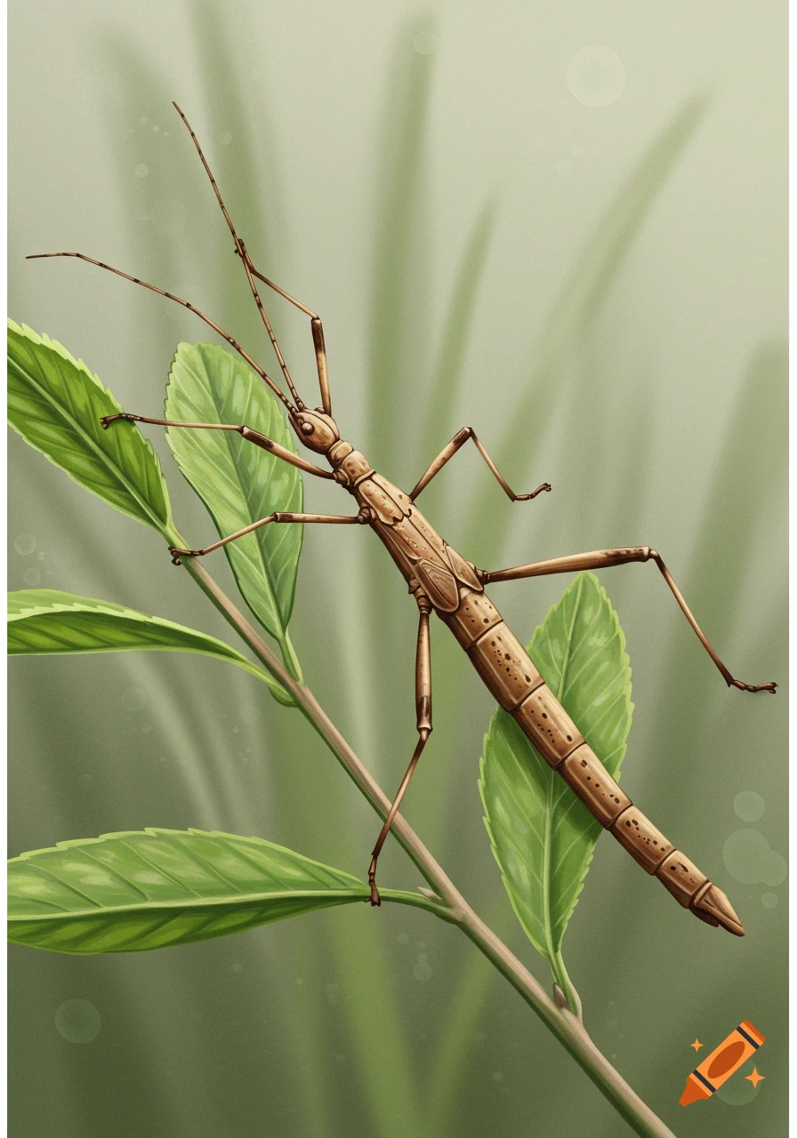 A detailed illustration of a brown stick bug camouflaged on green leaves and a stem.