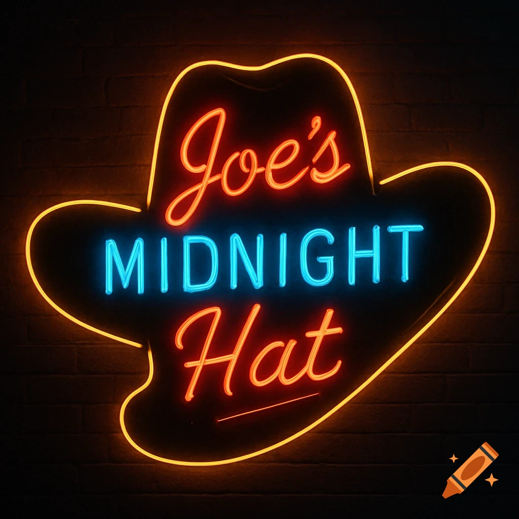 A neon sign shaped like a cowboy hat spells out 'Joe's Midnight Hat' in glowing orange and blue against a dark brick wall.