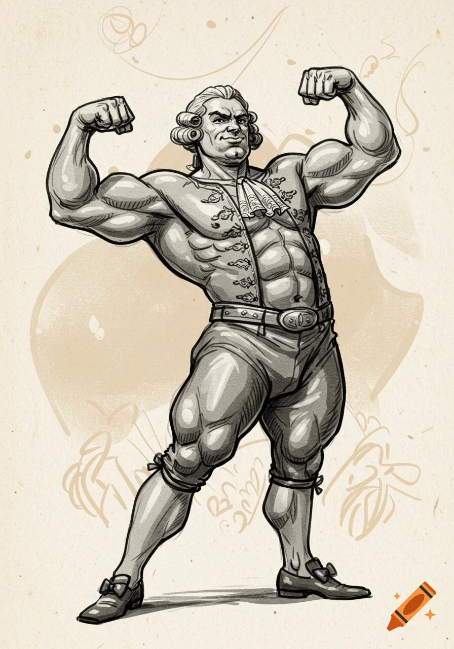 Baroque sketch of a muscular 18th-century strongman in a wig and period attire, flexing his biceps.